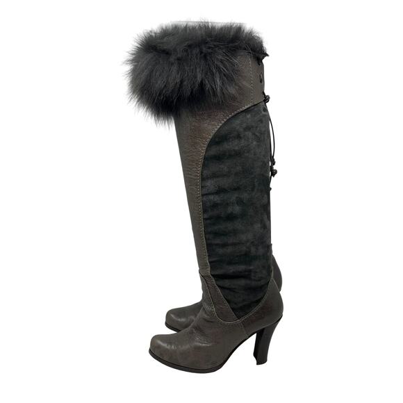 Henry Beguelin Knee High Taupe Leather Boots - Brown Gray - Fur Trim - Size 36.5 - Picture 2 of 12